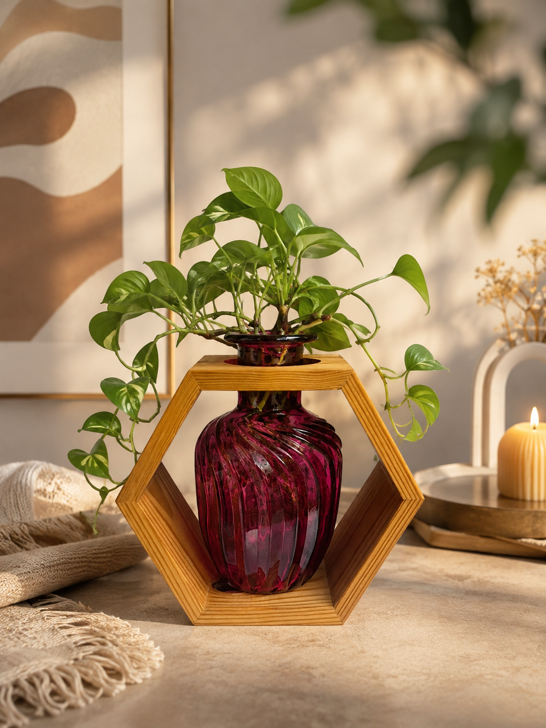 گلدان دکوری چوبی و شیشه‌ای رومیزی و دیواری مدل کندو