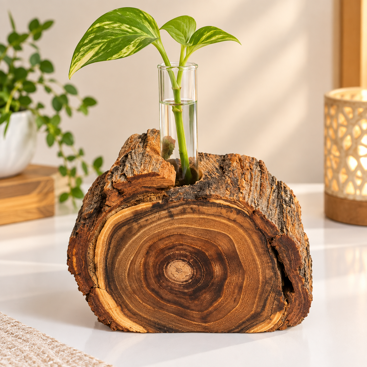 گلدان چوبی تنه درخت طبیعی اقاقیا دستساز با گلدان شیشه‌ای قلمه گیاه رومیزی
