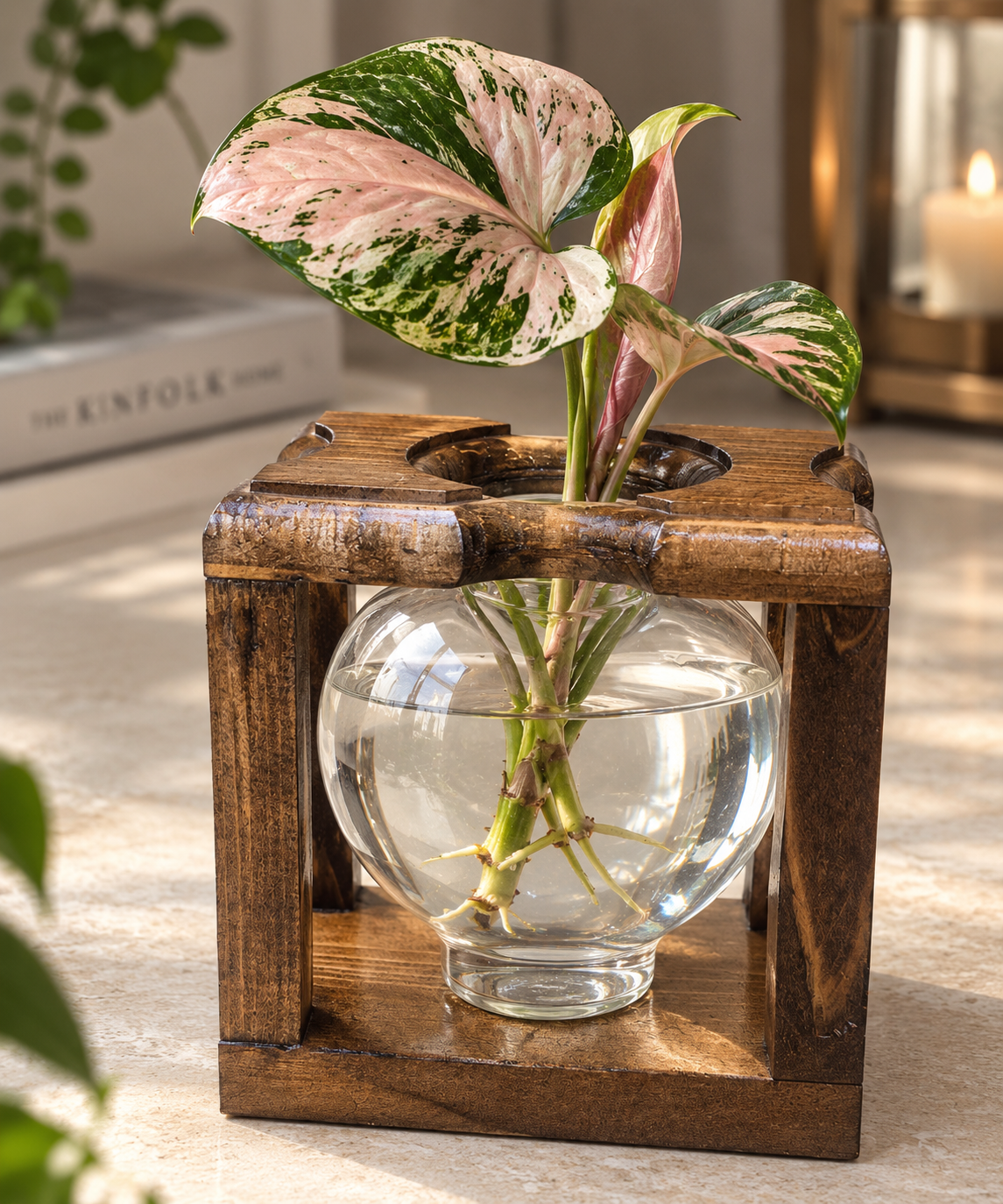 گلدان دکوری چوبی و شیشه‌ای رومیزی